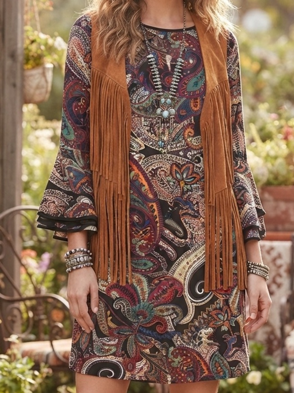 MSK Paisley Print Shift Dress trumpet sleeves boho medium d1